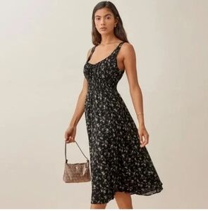 Reformation Hank Black and Cream Floral Midi Dress In Lucien